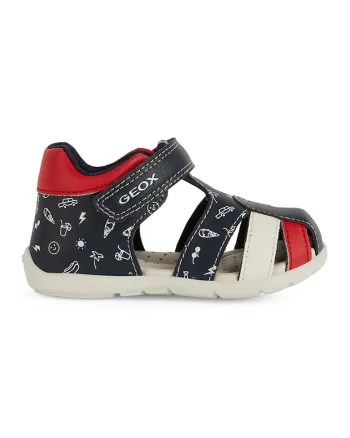 Sandale din piele ecologica cu inchidere velcro, Rosu/Bleumarin