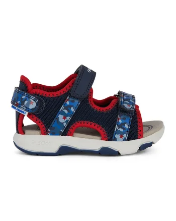 Sandale din material textil si piele ecologica, Rosu/Bleumarin