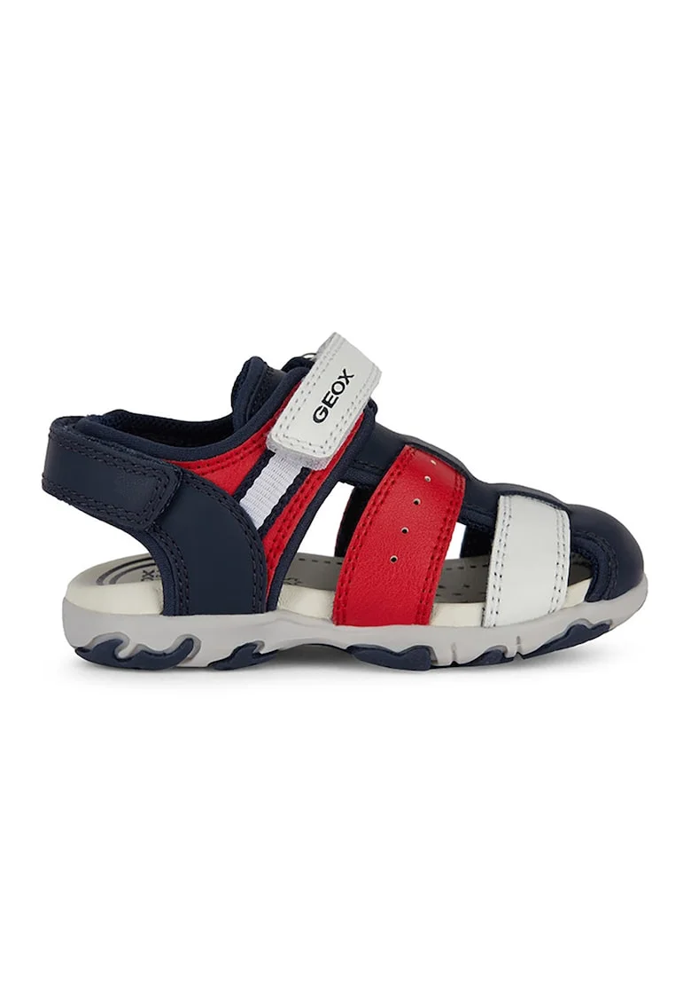 Sandale cu inchidere velcro si detalii din piele, Rosu/Bleumarin