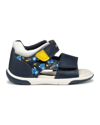 Sandale cu velcro de piele ecologica, Galben/Bleumarin