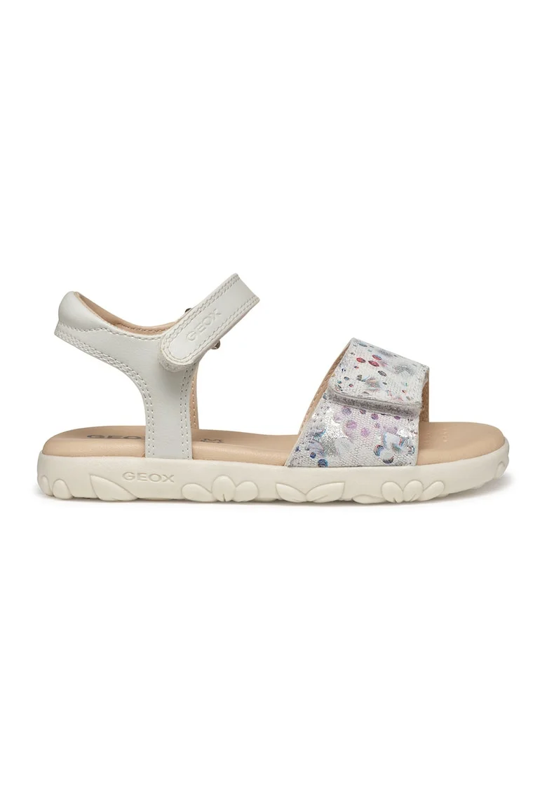 Sandale de piele ecologica si piele intoarsa cu velcro, Alb/Lila/Argintiu