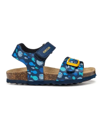 Sandale de piele ecologica cu velcro si model, Galben/Bleumarin