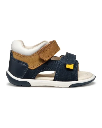 Sandale cu velcro si garnituri de piele intoarsa, Caramel/Bleumarin