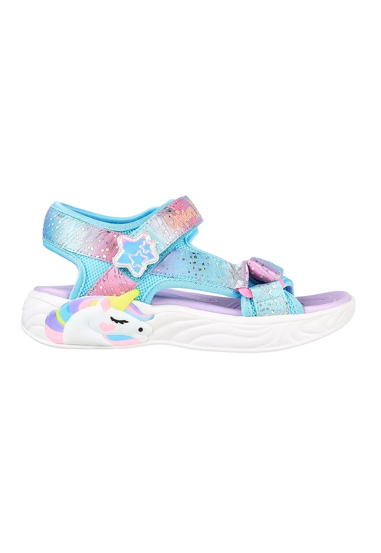 Sandale cu velcro si model colorblock Unicorn Dreams, Galben/Albastru aquamarin/Roz