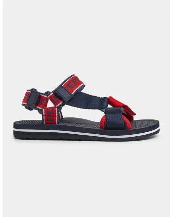 Sandale cu velcro si imprimeu logo, Rosu/Bleumarin