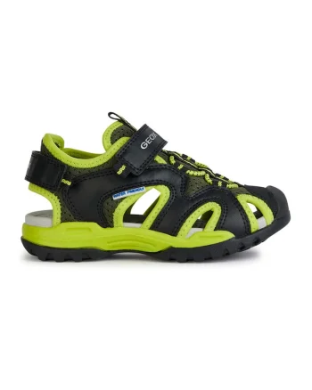Sandale de piele ecologica si material textil cu banda velcro Borealis, Negru/Verde lime