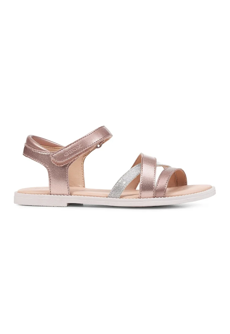 Sandale cu velcro si aspect metalic, Auriu rose/Argintiu