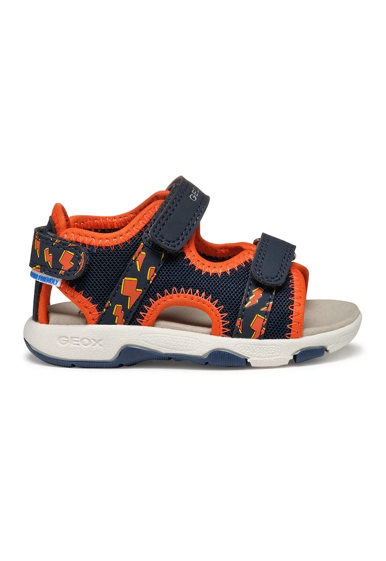 Sandale din material textil si piele ecologica, Portocaliu/Bleumarin