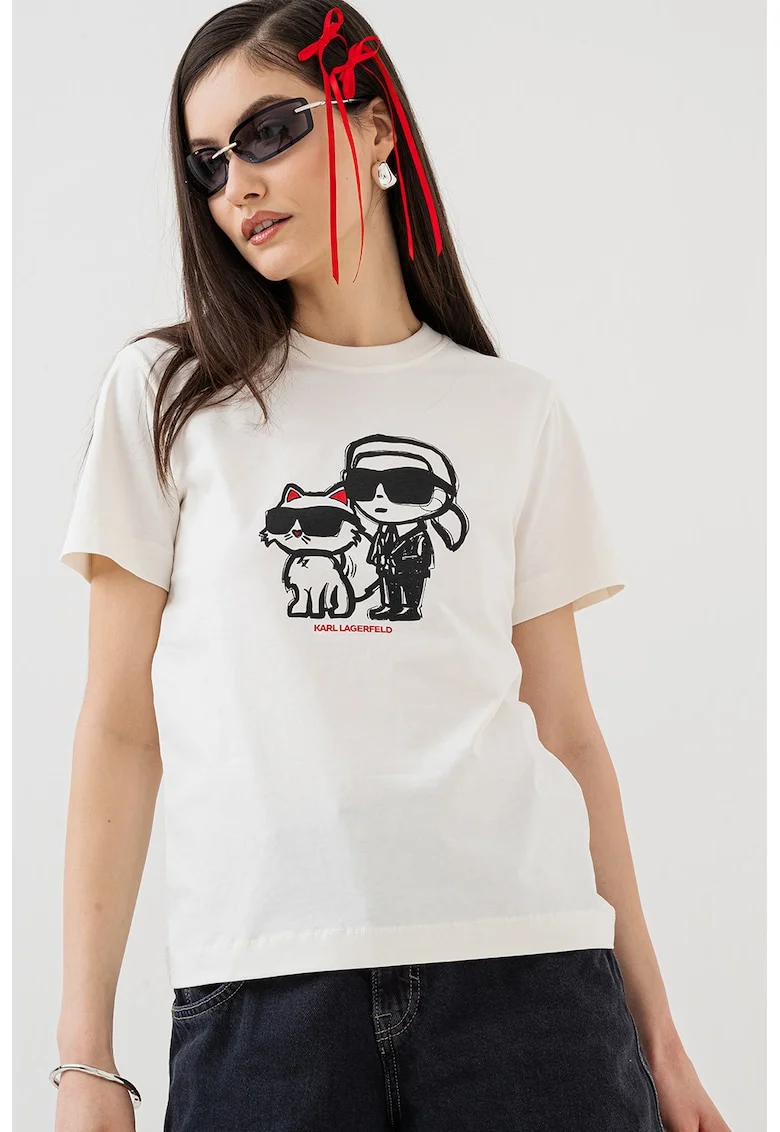 Tricou cu decolteu la baza gatului si imprimeu, Alb