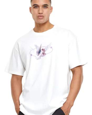 Tricou unisex cu imprimeu grafic, Alb/Violet prafuit