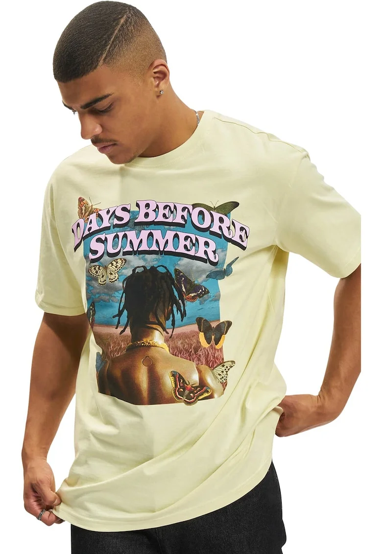 Tricou unisex supradimensionat cu imprimeu grafic si text, Maro/Galben pal/Albastru