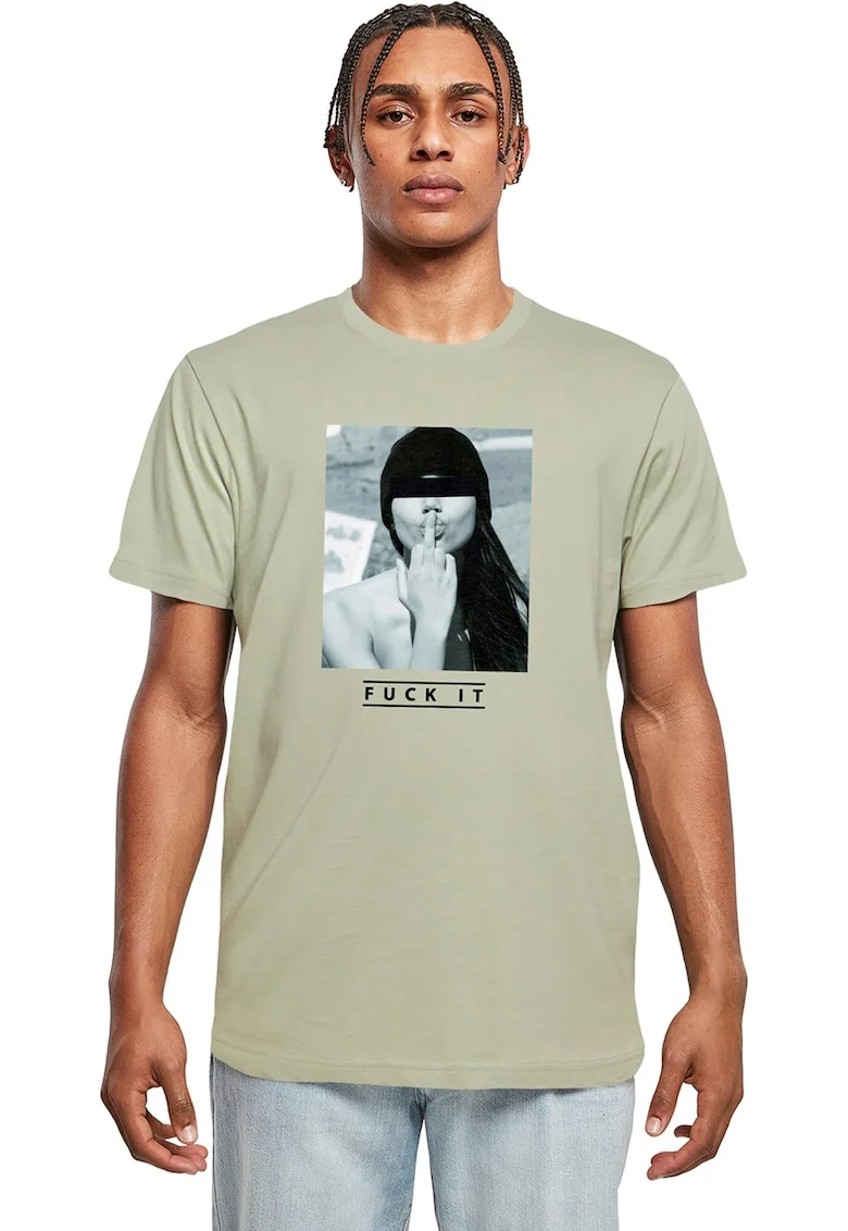 Tricou cu decolteu la baza gatului si imprimeu foto, Negru/Gri/Grej