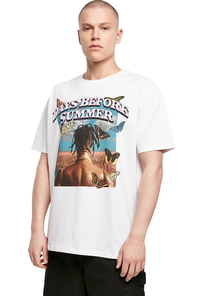 Tricou unisex supradimensionat cu imprimeu grafic si text, Alb/Maro/Albastru deschis