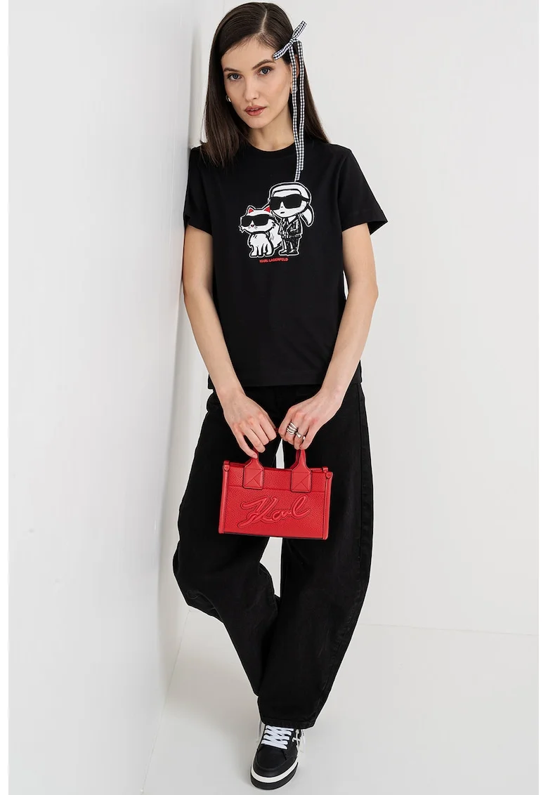 Tricou cu decolteu la baza gatului si imprimeu, Negru