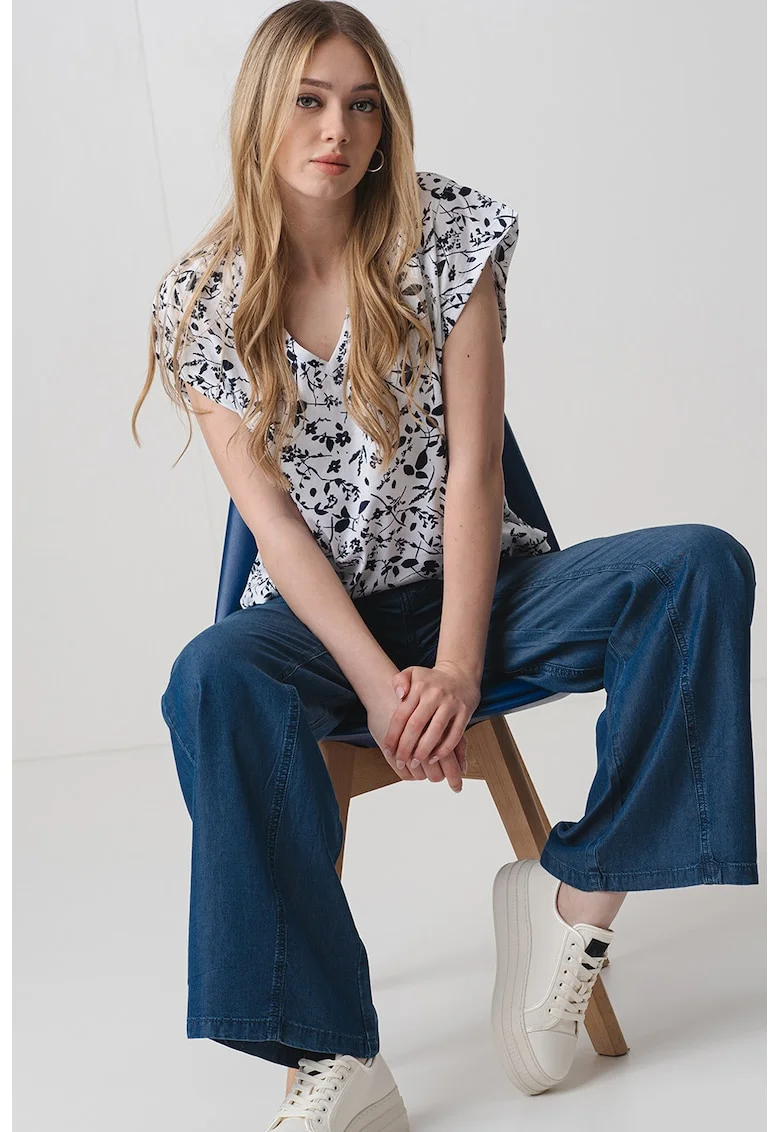 Tricou cu model floral si decolteu in V, Alb/Negru