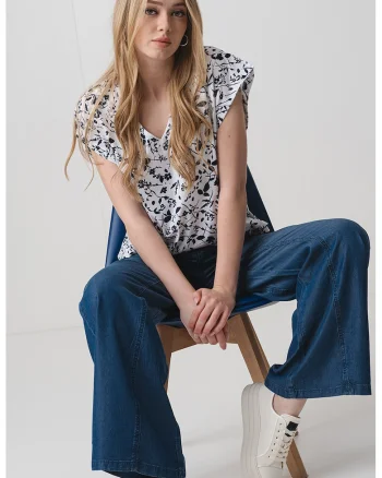 Tricou cu model floral si decolteu in V, Alb/Negru