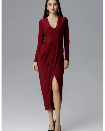 Rochie maxi  M636, decolteu in V, rosu, poliester,