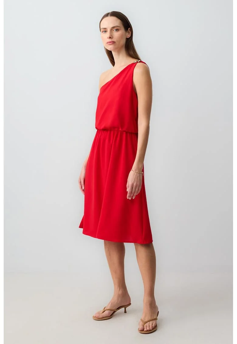 Rochie cu decolteu pe un umar si talie elastica, Rosu