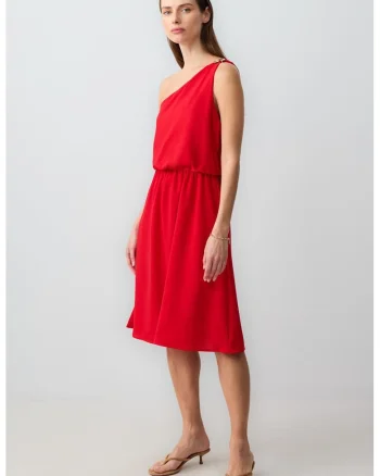 Rochie cu decolteu pe un umar si talie elastica, Rosu