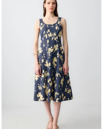 Rochie midi evazata fara maneci cu model floral, Galben/Bleumarin