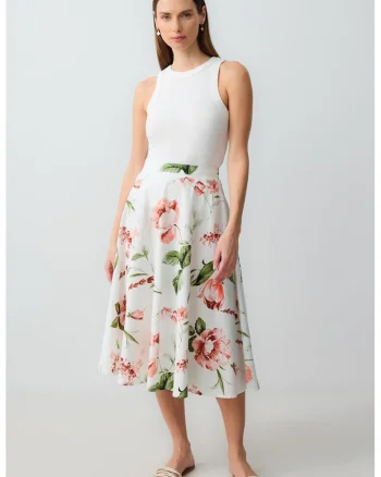 Fusta midi cu model floral, Verde/Alb murdar/Roz