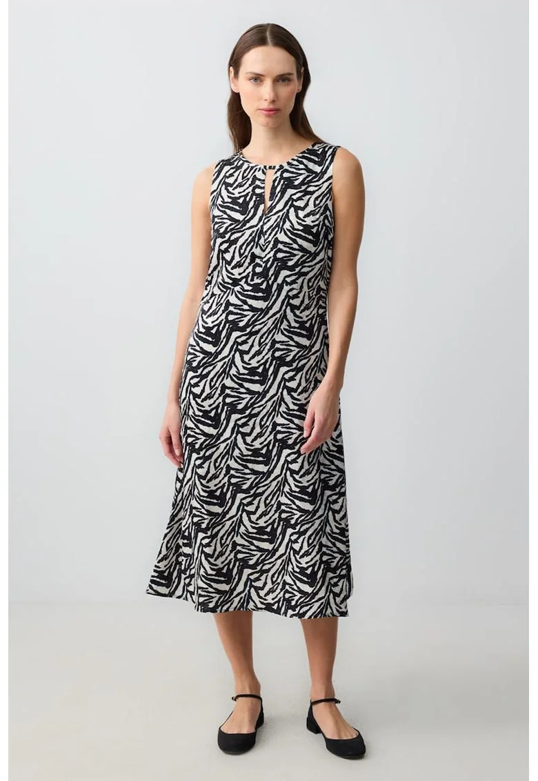 Rochie midi cu croiala dreapta si imprimeu, Negru/Alb murdar