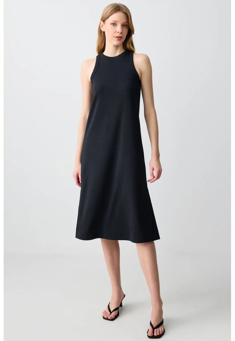 Rochie midi cu croiala dreapta si slit lateral, Negru