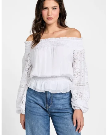 Bluza din amestec de matase cu decolteu pe umeri, Alb optic