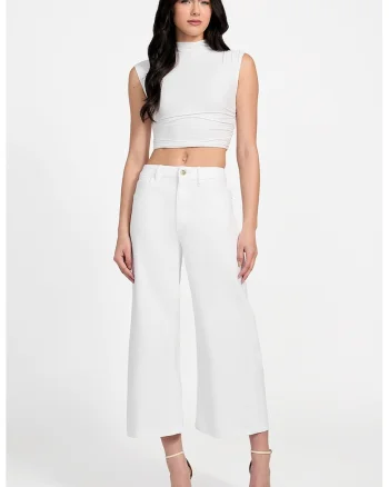 Blugi crop cu croiala ampla, Alb optic
