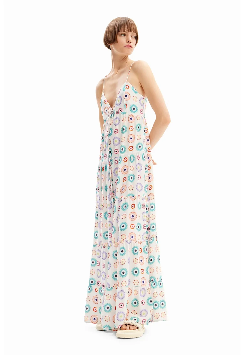 Rochie maxi cu model si decolteu in V, Alb fildes/Violet/Turcoaz
