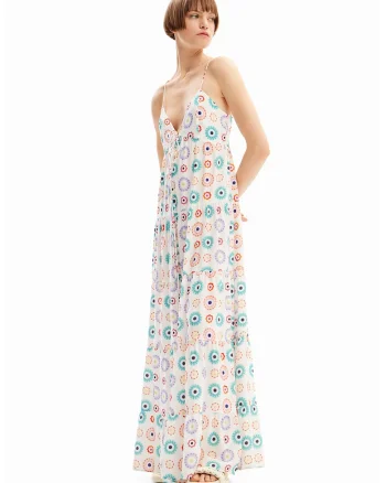 Rochie maxi cu model si decolteu in V, Alb fildes/Violet/Turcoaz