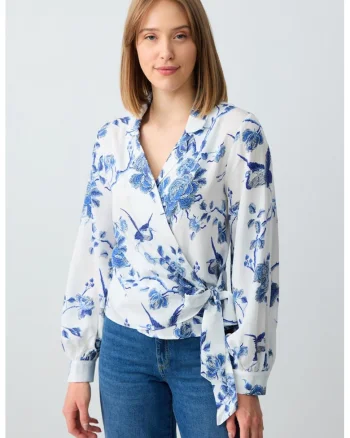 Bluza din lyocell cu model floral, Alb/Albastru