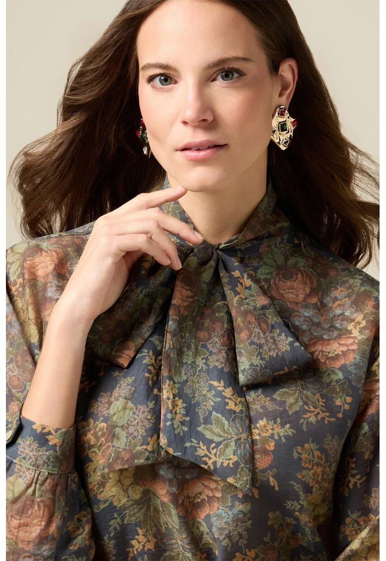 Bluza cu model floral si guler cu funda din panglici, Albastru inchis/Kaki/Caramiziu