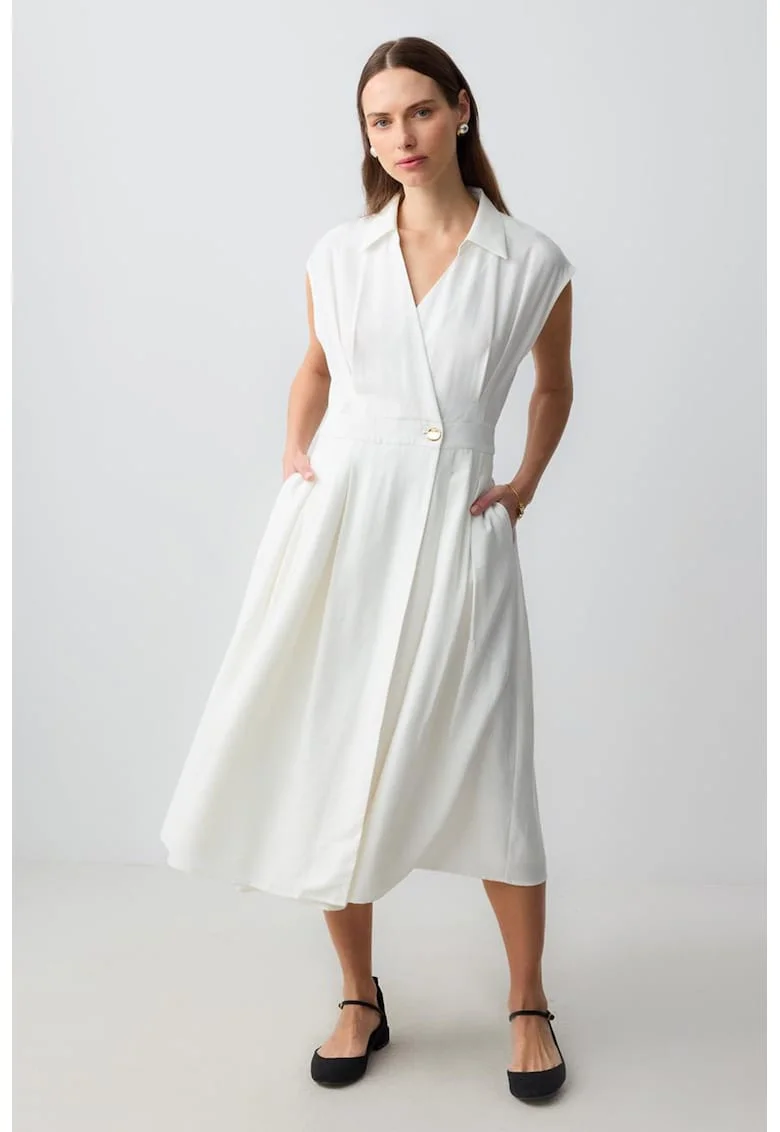 Rochie midi din amestec de modal cu buzunare laterale, Alb