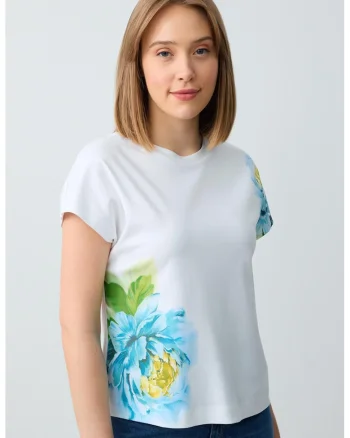 Tricou cu decolteu la baza gatului si imprimeu floral, Alb/Albastru glaciar