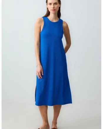 Rochie midi cu croiala dreapta si slit lateral, Albastru royal