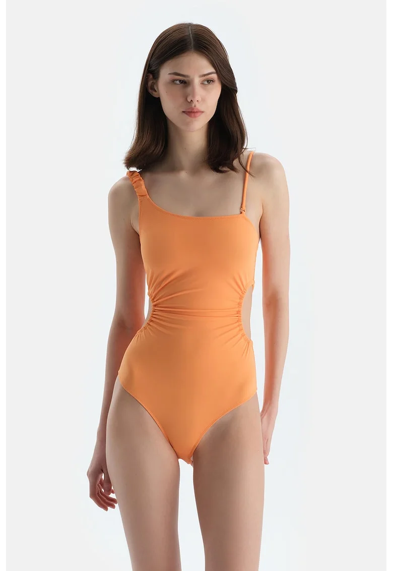 Costum de baie intreg cu croiala asimetrica si decupaje laterale, Portocaliu