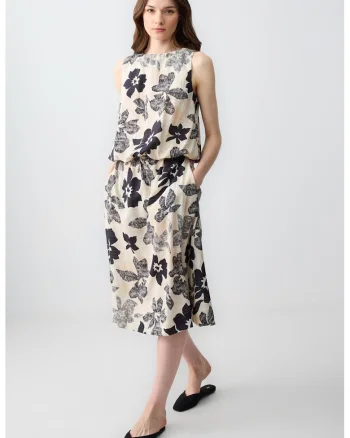 Fusta cu model floral si buzunare laterale, Negru/Bej