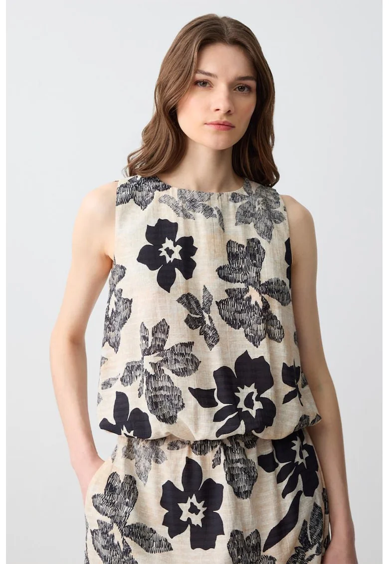 Bluza din amestec de bumbac fara maneci cu model floral, Negru/Bej deschis