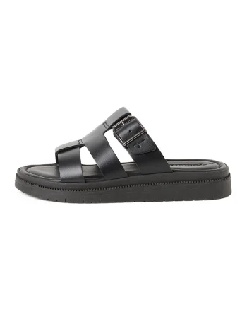 Papuci din piele cu design catarama, Negru