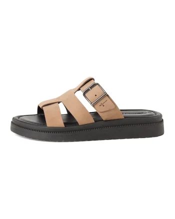 Papuci din piele cu design catarama, Maro taupe deschis