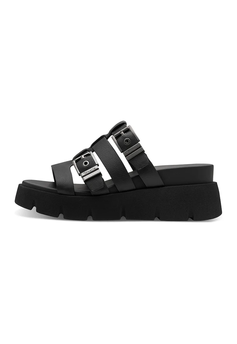 Papuci wedge cu barete multiple, Negru