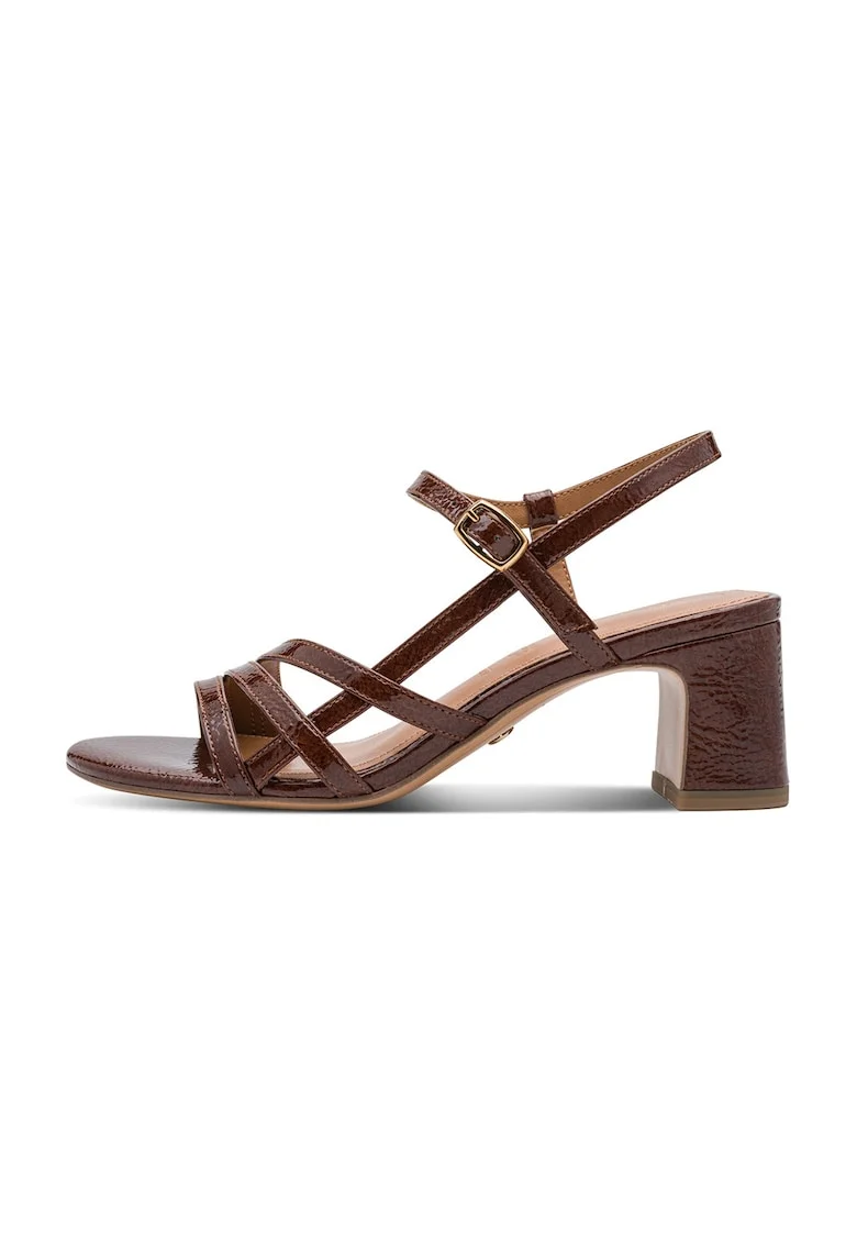 Sandale cu aspect lacuit si toc masiv, Maro cognac
