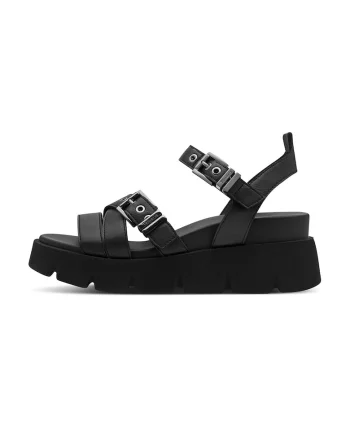 Sandale wedge de piele ecologica cu catarama, Negru