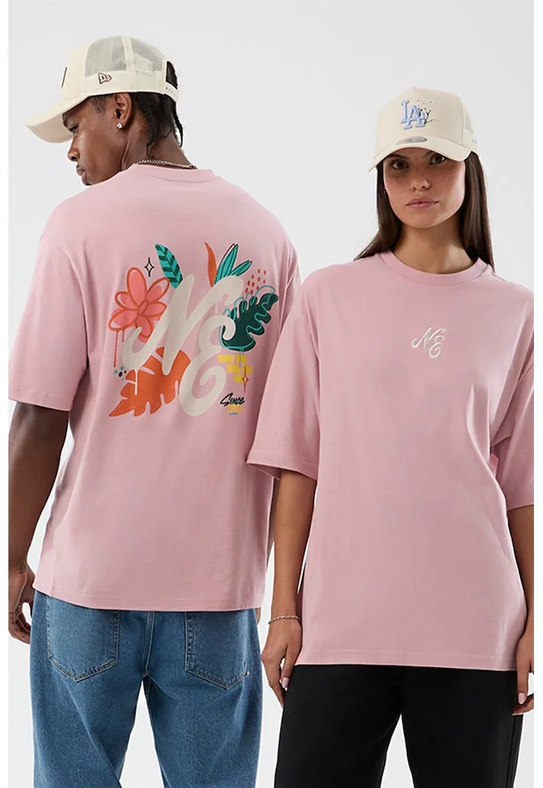 Tricou uisex cu design floral, Roz pastel
