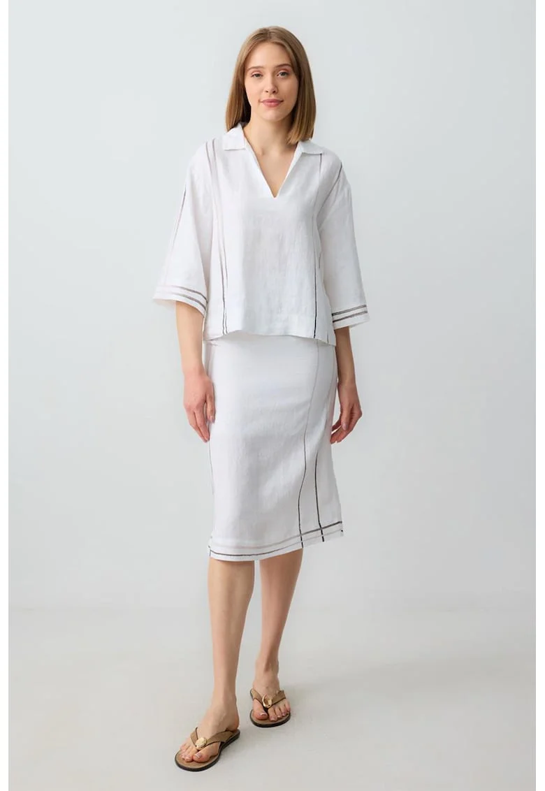 Fusta midi din in cu model uni, Alb