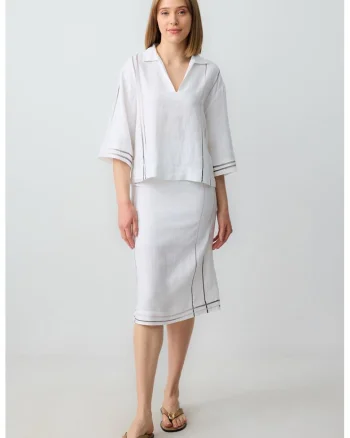 Fusta midi din in cu model uni, Alb