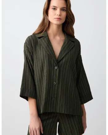 Pantaloni scurti striati cu talie inalta, Verde inchis