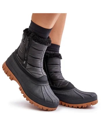 Cizme dama Lee Cooper, negru, material textil, cu blana, inchidere cu fermoar