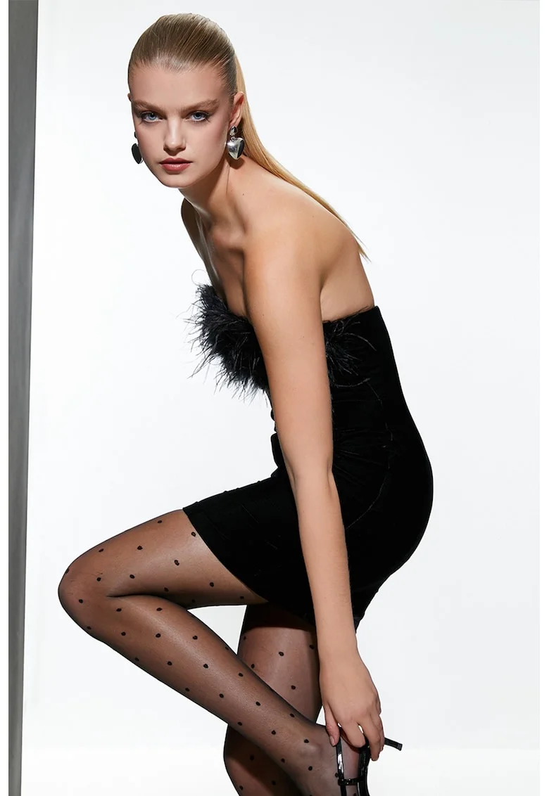 Rochie catifelata cu garnituri cu pene, Negru